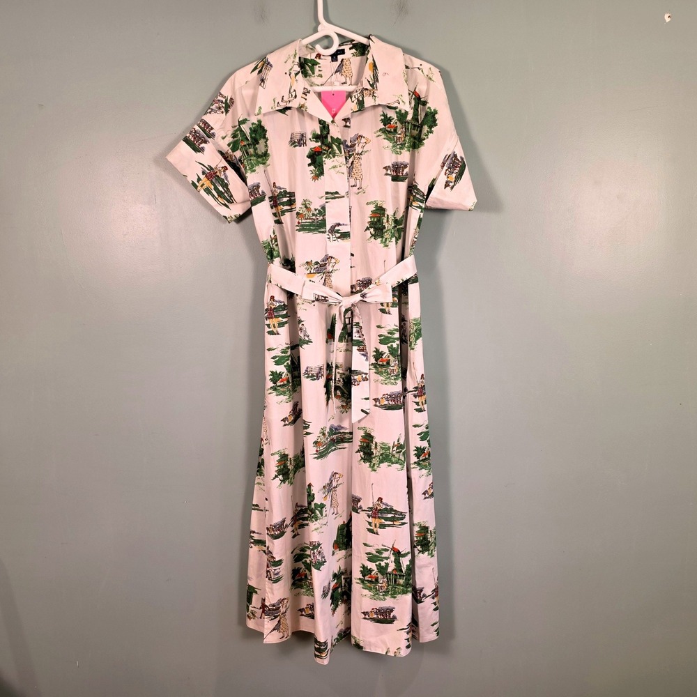 Katie Kime Masters Golf Toile Cotton Shirt Dress White Green Maxi NWT Medium